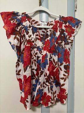 Maurices White Floral Top with Red, Blue and Brown Accents